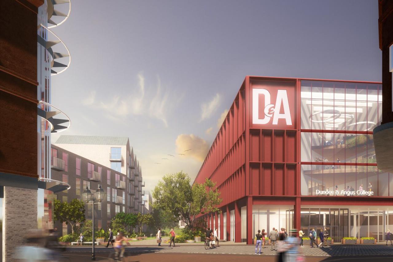 An artist's impression of the proposed new Dundee and Angus College building, a four-story red building with glass panelling across three stories.
The building is to the right of a street with other buildings and people walking in a pedestrianised area.