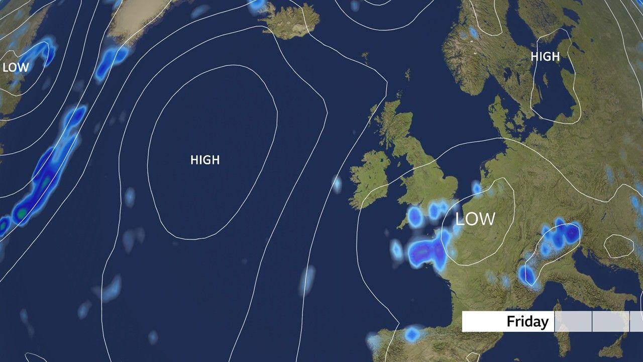A weather map of the UK showing a low pressure system over the southern coasts on Friday