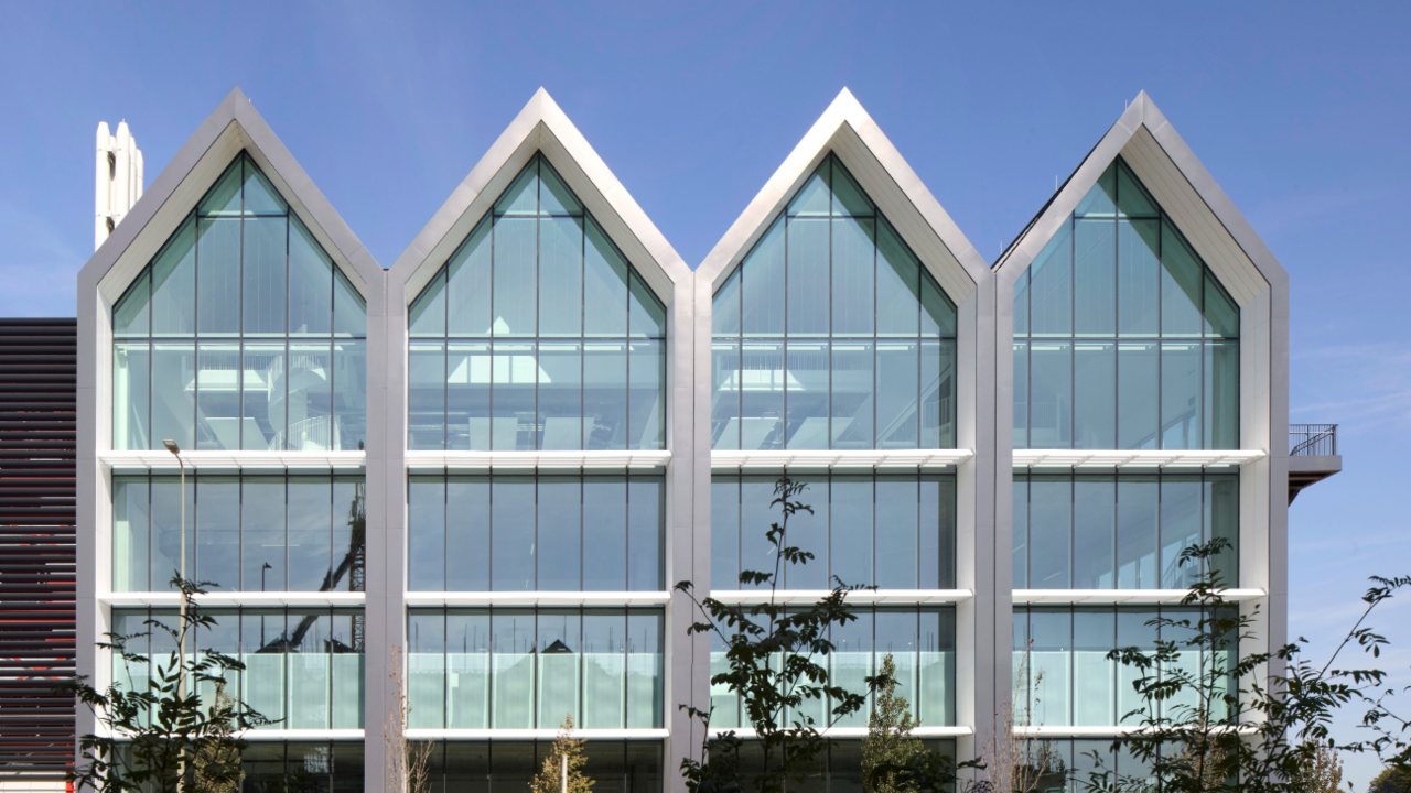 A large glass-fronted new building.