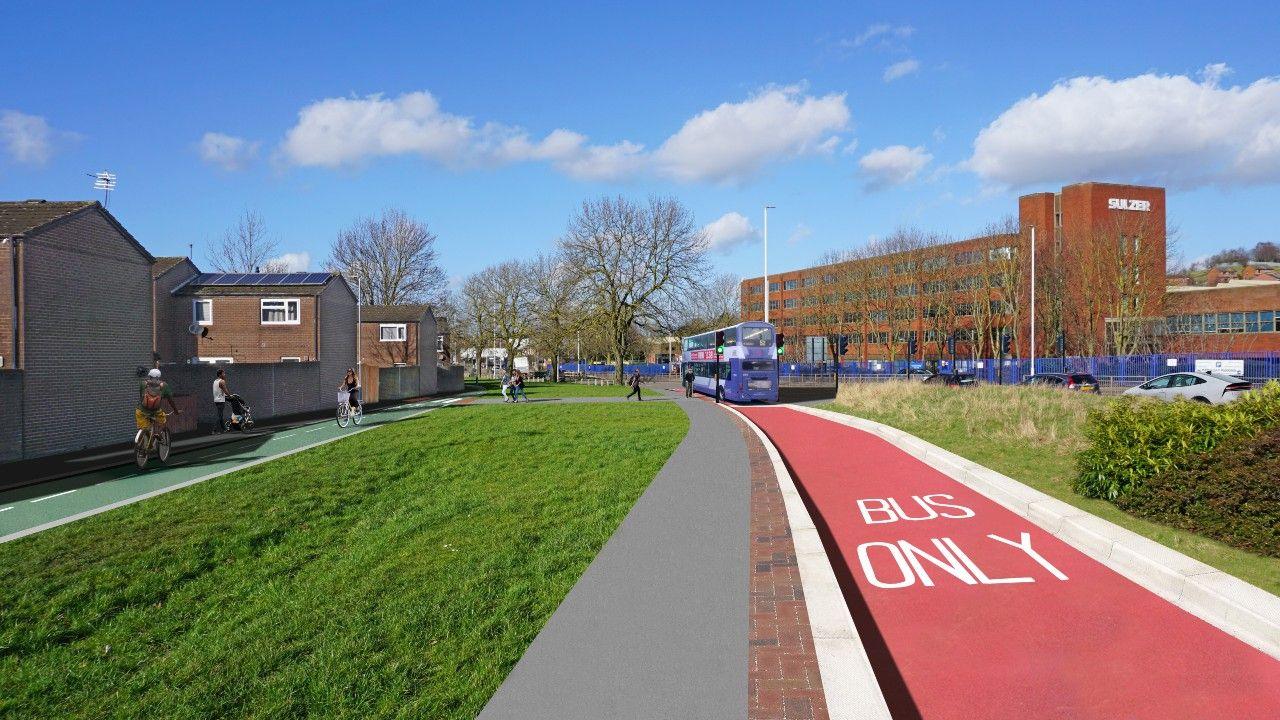 An artist's impression of proposed changes to the route. A new bus lane, in red, can be seen on the right of the picture, with grass on either side.