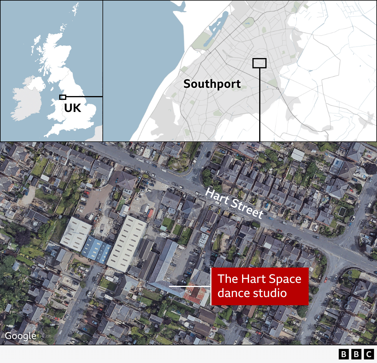 A map showing the location of the Hart Space dance studio in Southport with two locator maps above it showing where Southport is in the UK.