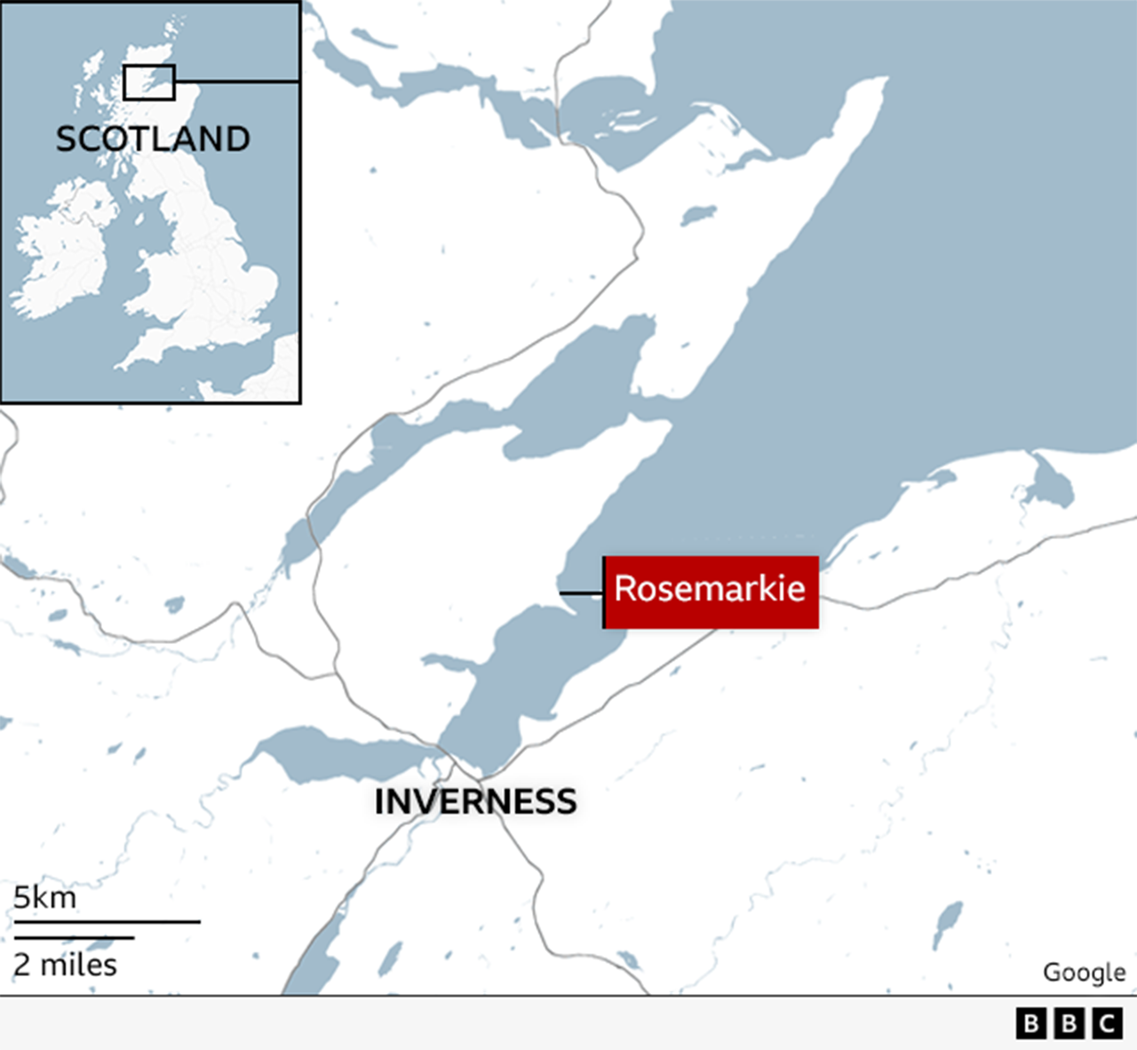 A map showing Scotland and the Highlands, and the locations of Rosemarkie and Inverness.