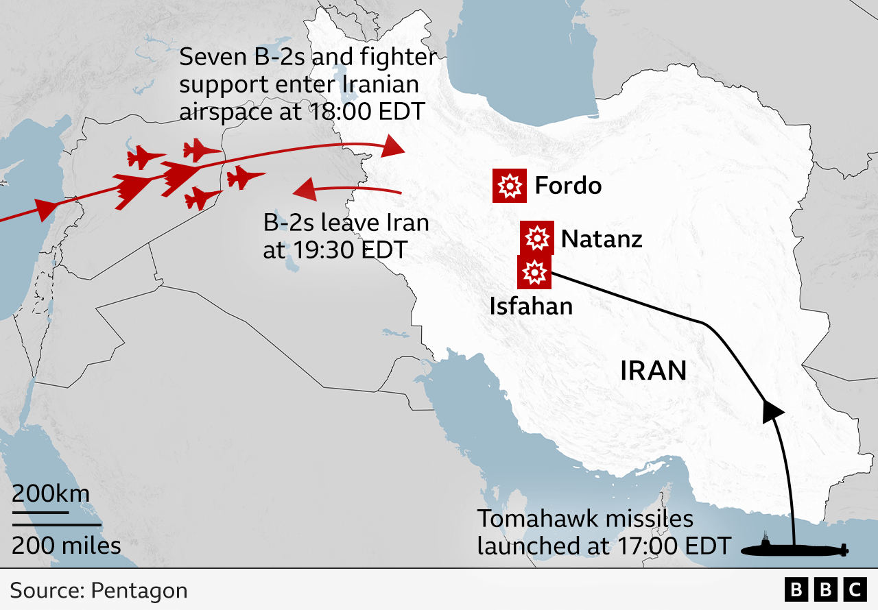 A map of Iran showing that the B-2s and their fighter support team entered Iranian airspace at 18:00 EDT (23:00 BST), completed their bombing mission and then left Iranian airspace within an hour and a half. At the same time Tomahawk missiles were fired from a US naval submarine at 17:00 EDT (22:00 BST), timed to hit Isfahan shortly after the B-2s had delivered their bombs.