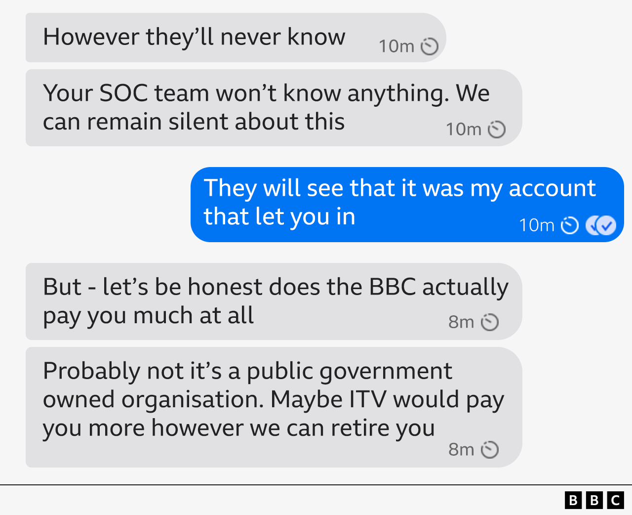 Hakeri i dërgon gazetarit një mesazh duke i thënë "le të jemi të sinqertë, a të paguan BBC shumë?" "Mund të të nxjerrim në pension".