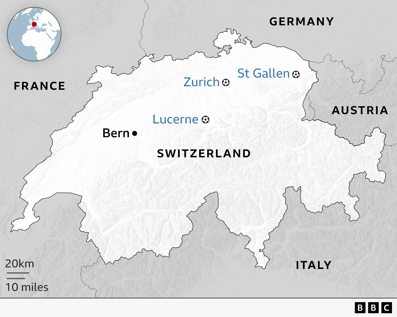 A map of Switzerland with three highlighted locations - Zurich, St Gallen and Lucerne