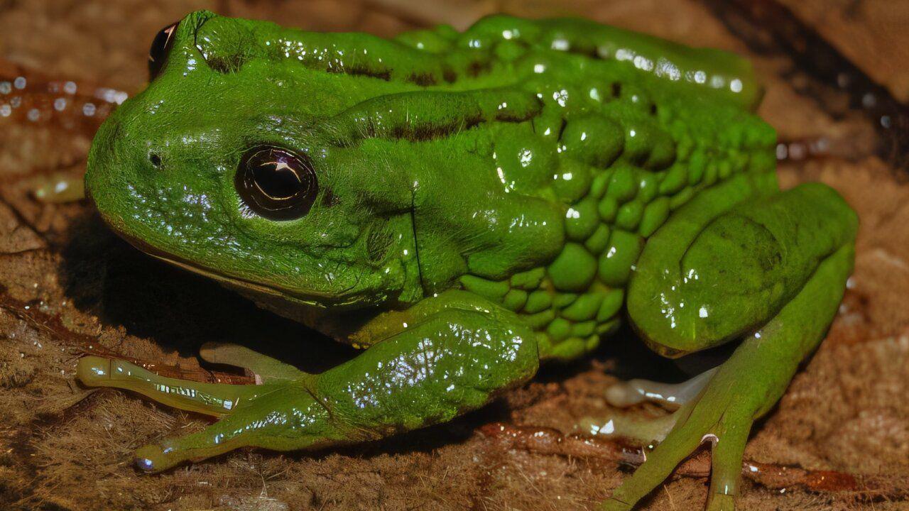 green shiny frog with lumpy back clings to brown bark of tree.