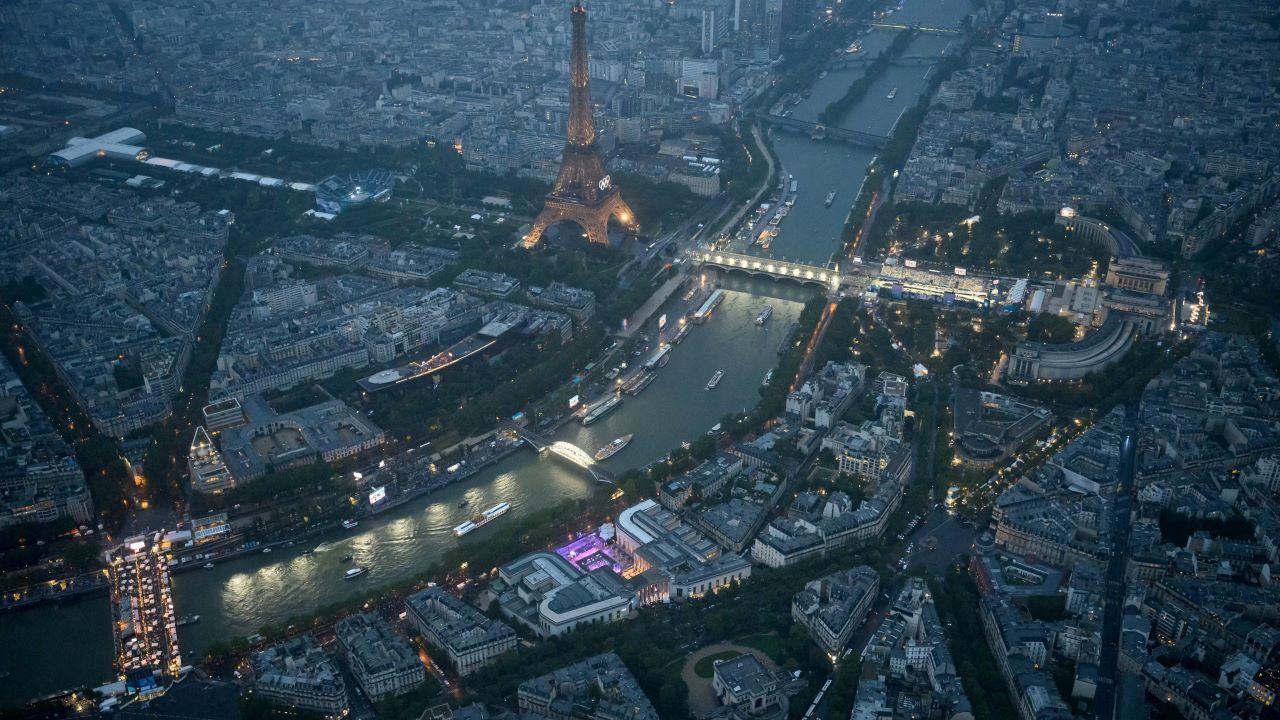 Aerial view of the opening ceremony, which took place along the River Seine 