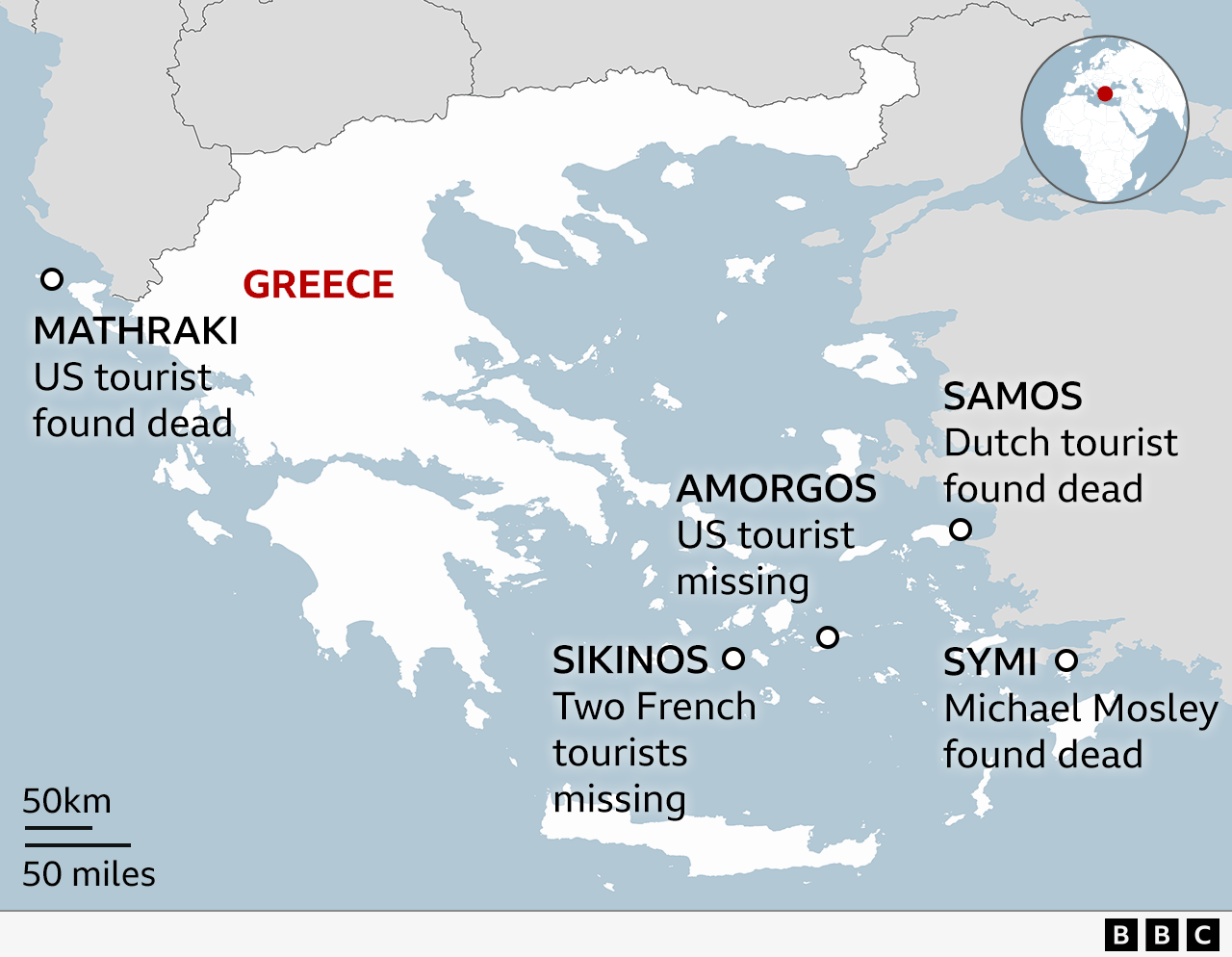 A 鶹Լ map shows Greek islands on which tourists have recently gone missing or died: Mathraki, Sikinos, Amorgos, Samos and Symi