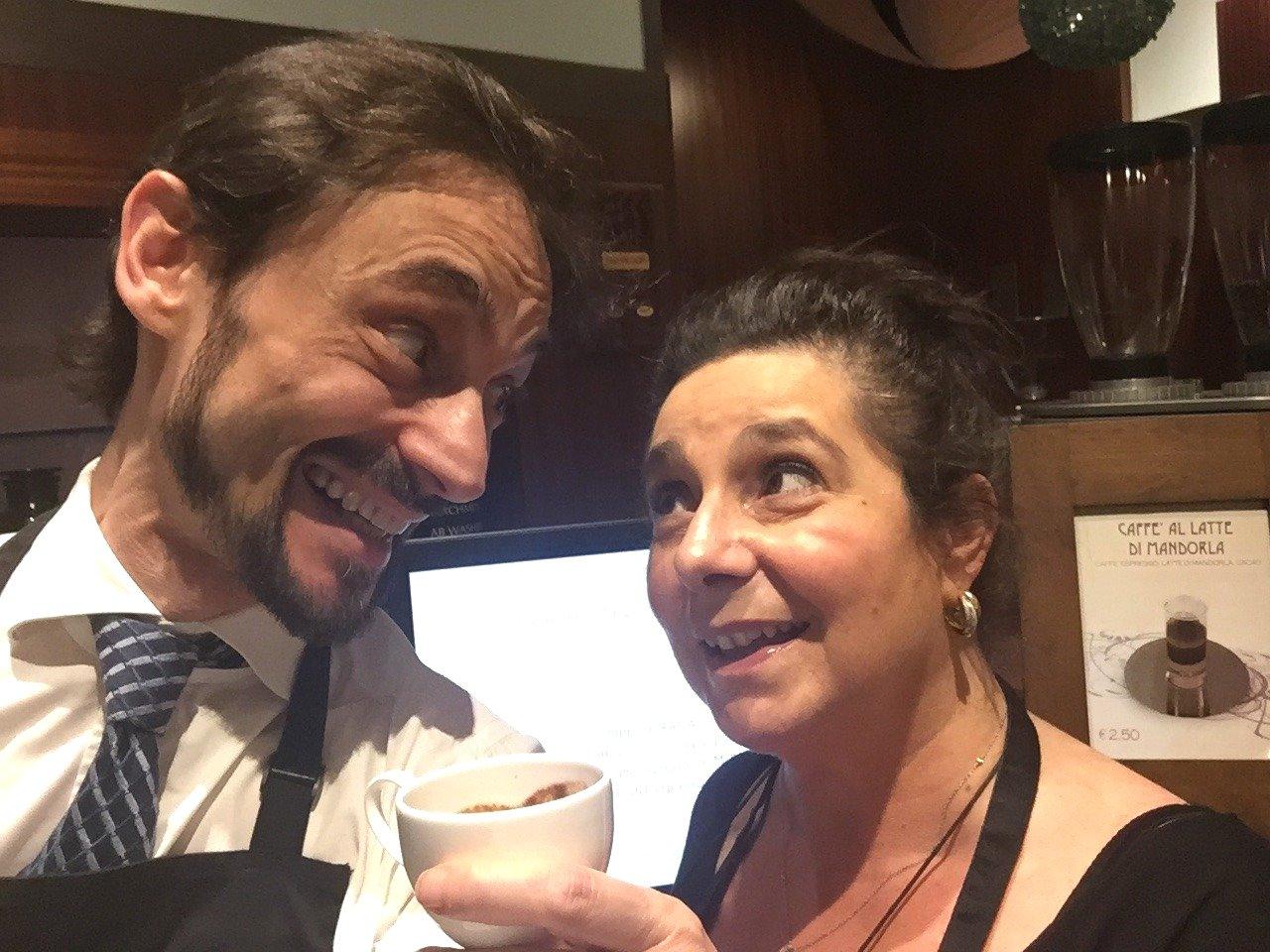 Cristina Caroli and partner Alessandro Galtieri, owners of the Aroma speciality coffee shop in Bologna, Italy