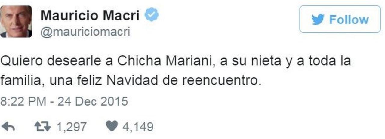 Tweet by Argentina's prime minister Mauricio Macri congratulating Maria Mariani - 24 December 2015