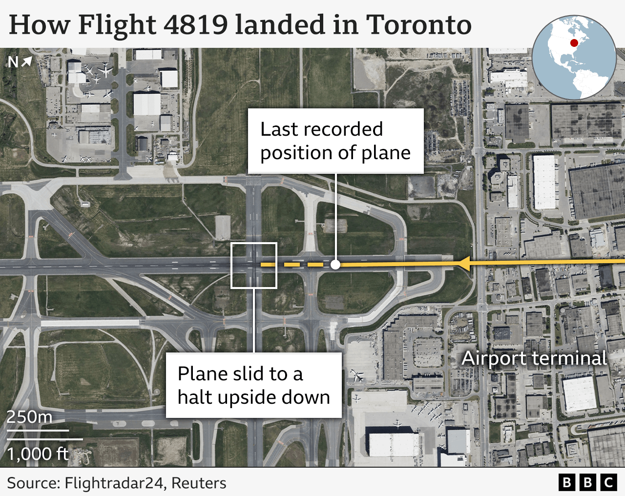 An annotated satellite image shows the last recorded position of the plane that crashed in Toronto, and the position where it slid to a halt upside down at Toronto Pearson International Airport