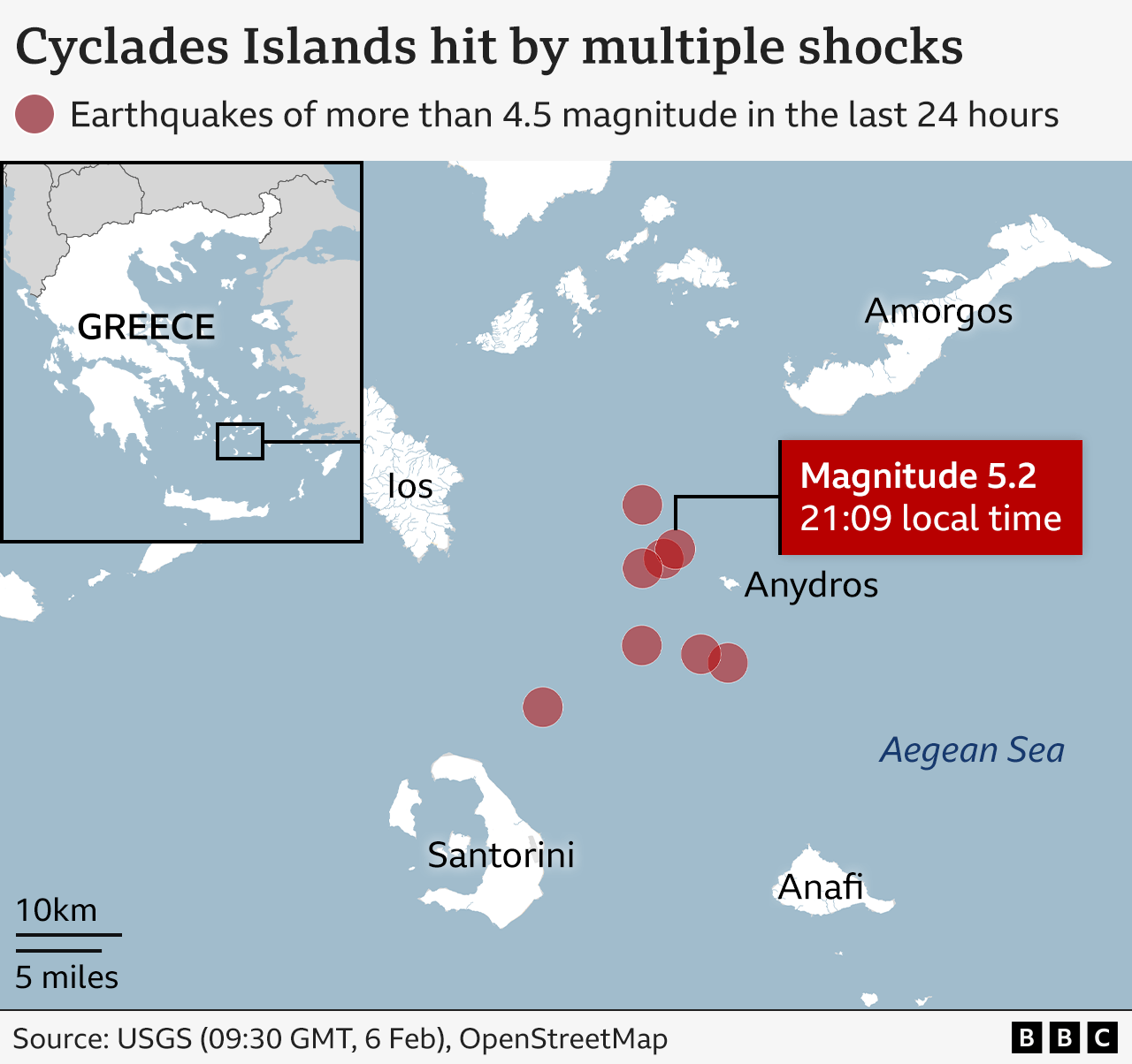 Map showing the Cyclades Islands in Greece and eight earthquakes above a magnitude of 4.5 which occurred between the islands of Santorini, Ios, Amorgos, Anydros and Anafi, in the last 24 hours.