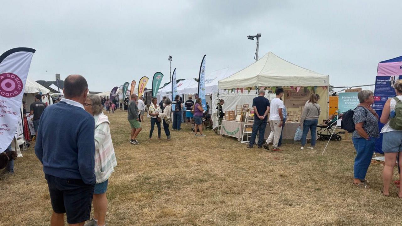 Gazebos in rows. There are people walking around the gazebos. There are flags next to the gazebos. The grass is green and brown. The sky is grey and full of clouds. 