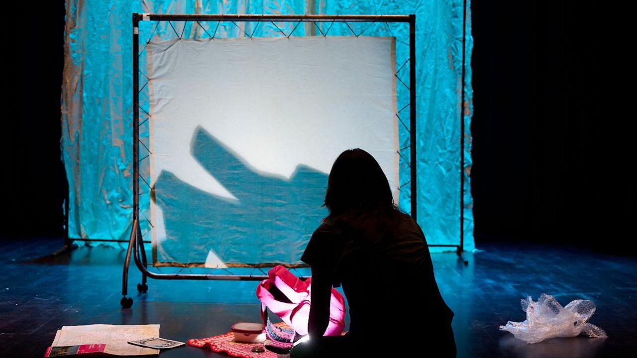 Ms Whiting sits in front of a white screen as she creates shadows with props in front of a bright light.