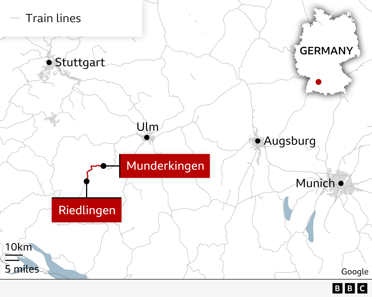 A map showing the location of the crash between Riedlingen and Munderkingen
