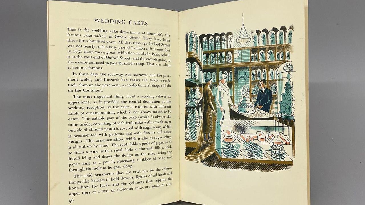 The inside of a book open, with writing to the left and to the right a painting of an inside of a cake shop, with wedding cakes on display, with two women standing in the store by a man.