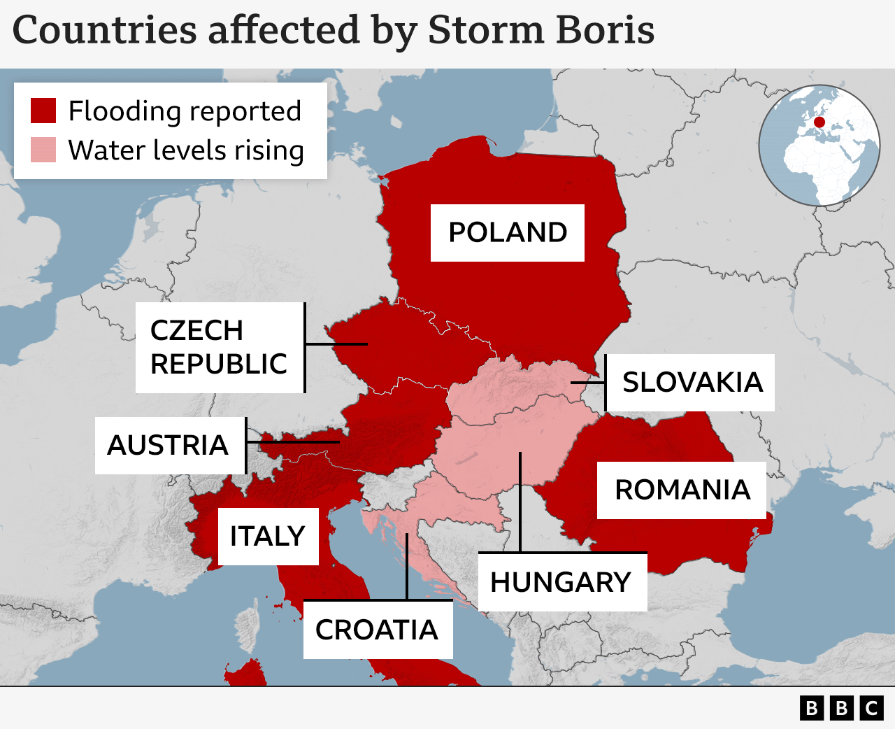 A map of central Europe showing reports of floods in Poland, Czech republic, Romania and Austria, with Hungary and Slovakia also marked as "water levels rising".