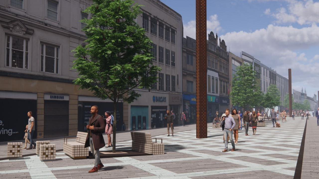 Artist's impression of the revamp of Northumberland Street. A number of people are strolling along the sunny street, which includes grey paving with white diagonal lines, a line of small trees in leaf and, in the foreground, blocks of seating in cream coloured checks. A line of shops is on the left hand side.