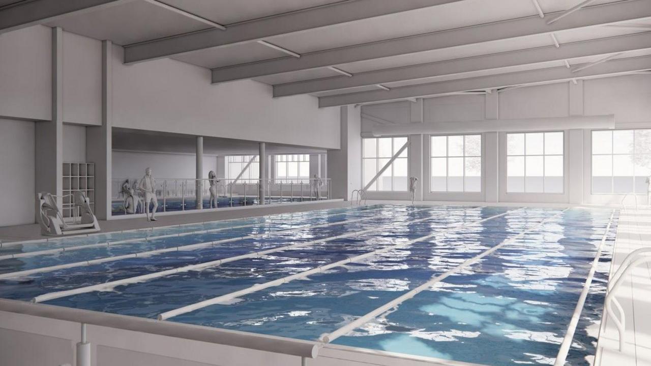 An image of what the main pool inside the new building would look like. It is inside a white room with lots of windows and a separate, smaller pool next to it.