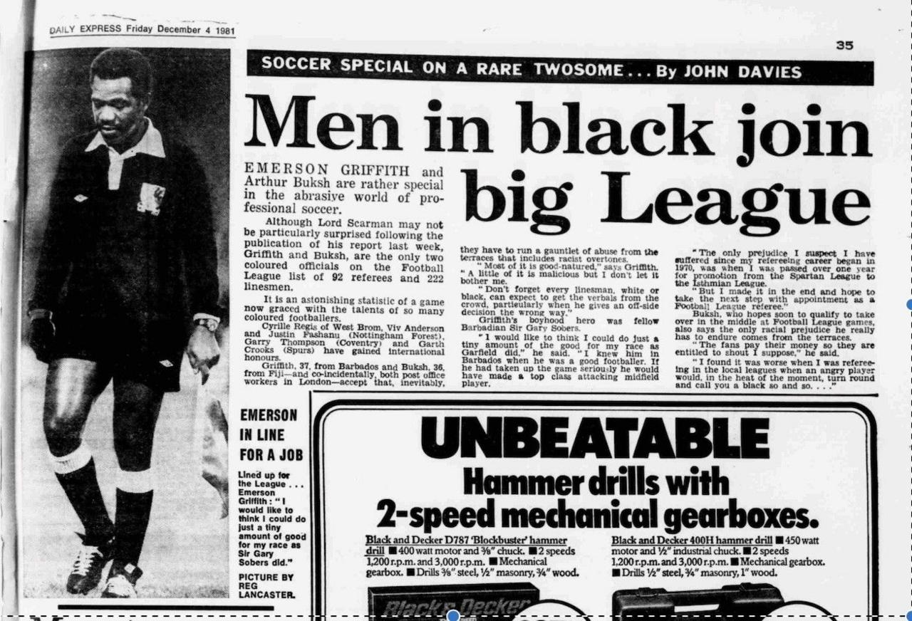 An article from from the Daily Express from 1981 reads 'Men in black join big League'