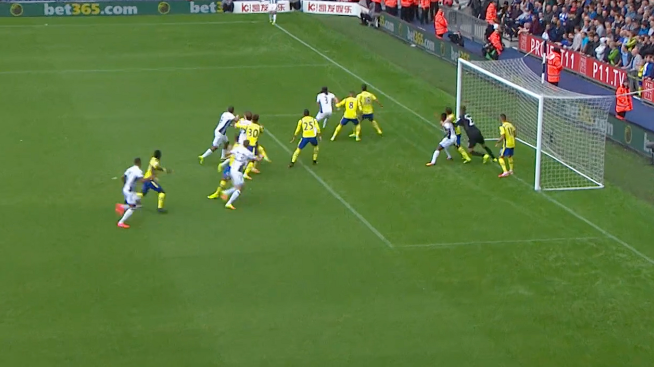 Screengrab showing Gareth McAuley's headed goal for Tony Pulis-managed West Brom in 2016/17. A West Brom player impedes the opposition goalkeeper's movement by pushing another player into him.