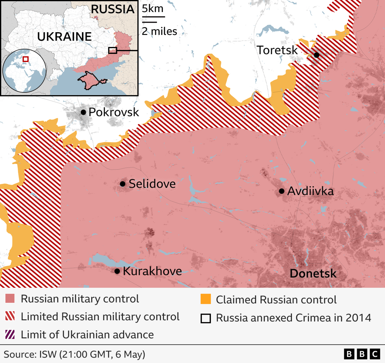 Close-up map showing which areas to the west of Donetsk are under Russian military control or limited Russian control