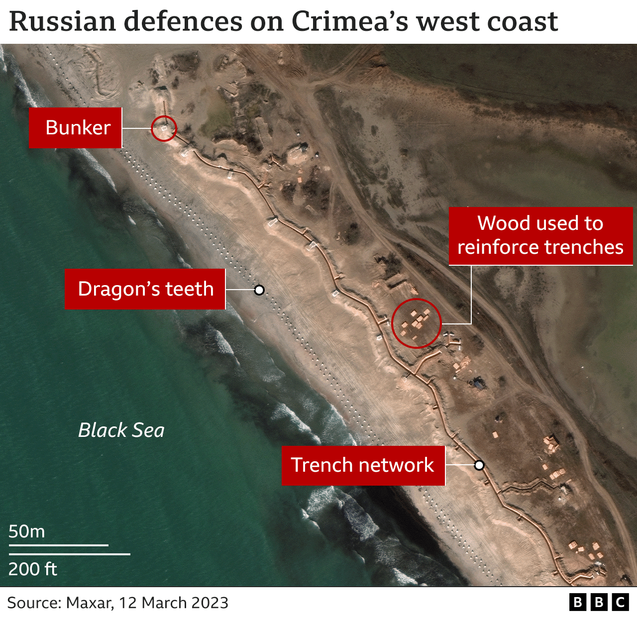 Satellite image with overlays showing a network of treches, "dragon's teeth" defences and a bunker