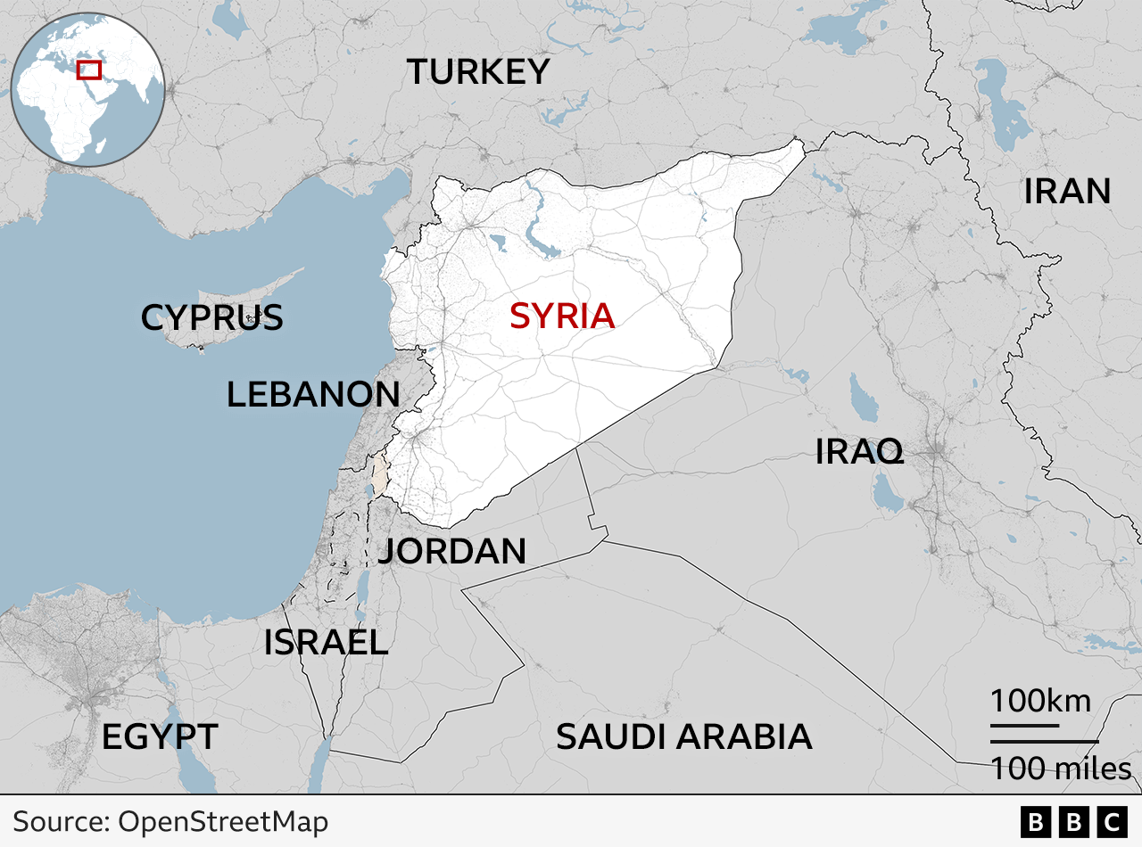 Map showing Syria and its neighbours with Turkey to the north, Iraq to the east, Jordan in the south and Lebanon and Israel to the south west. Some of Syria's western border meets the Mediterranean Sea. 