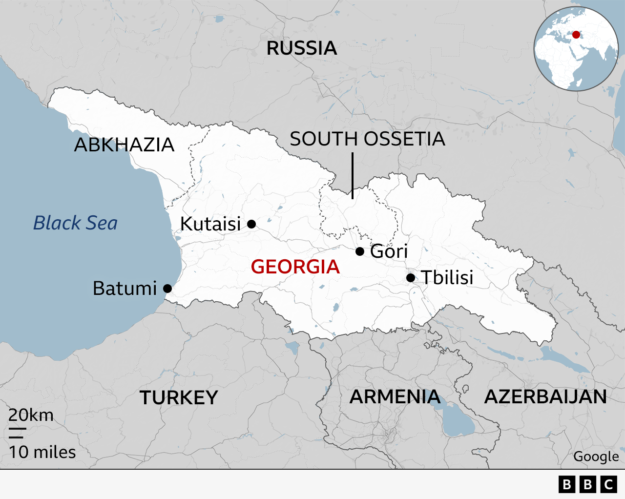 Map of Georgia showing two regions occupied by Russian forces