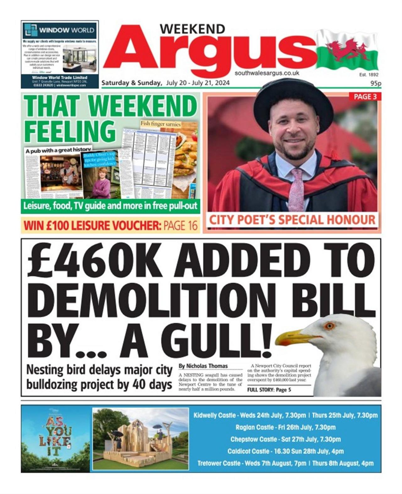 South Wales Argus front page at the weekend