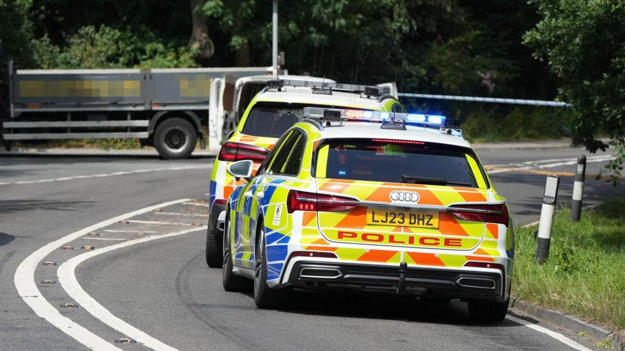 Two police cars are parked on the side of the road. There is a grass verge and a lorry off in the distance.