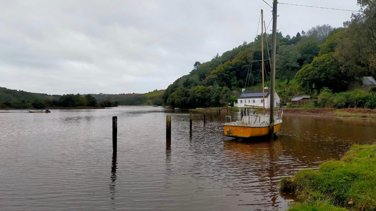 A small yellow and white sailing boat stranded on a tidal road at Aveton Gifford. It is next to a tree-lined bank and a small white building is in the background