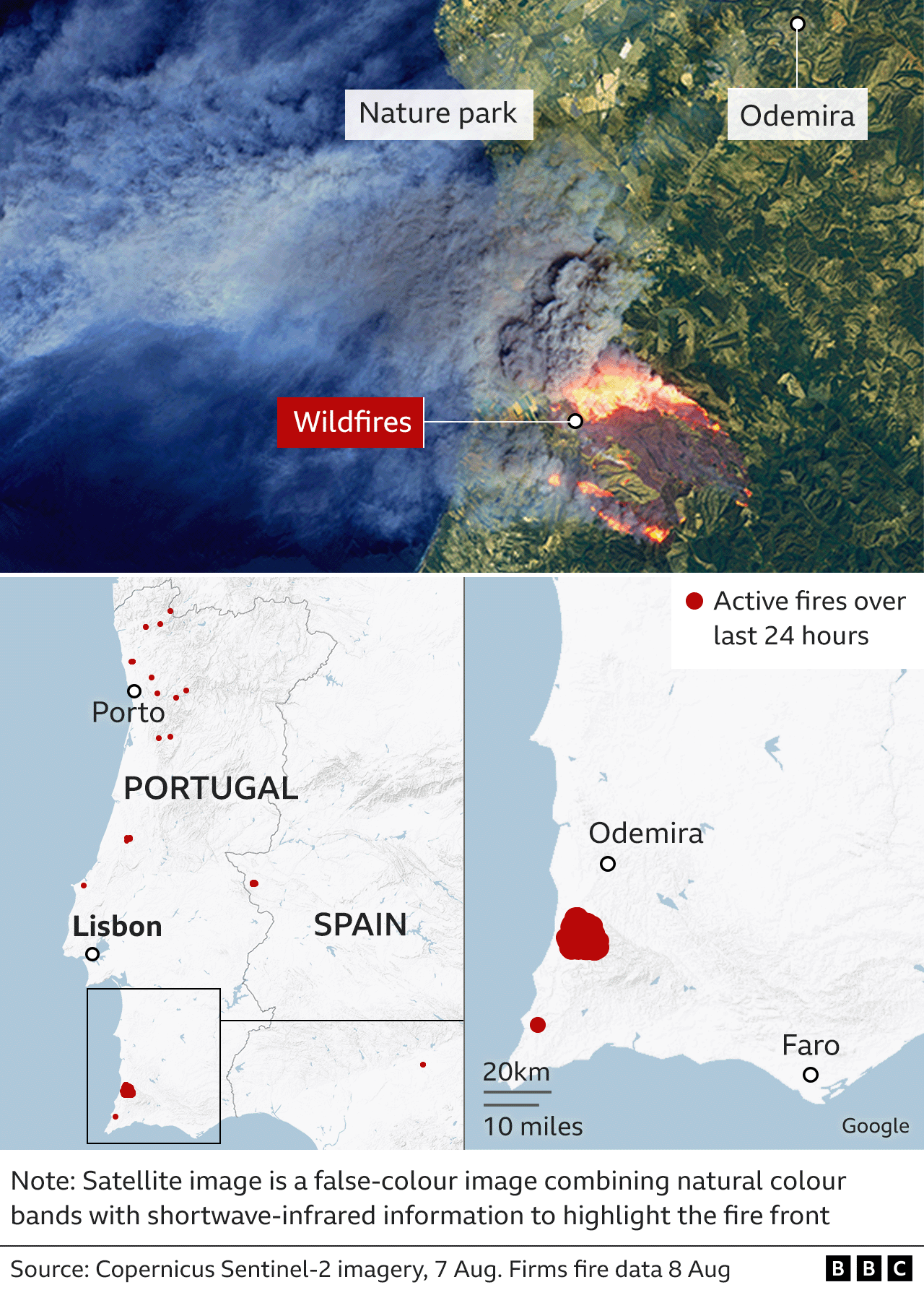 A map of wildfires in Portugal