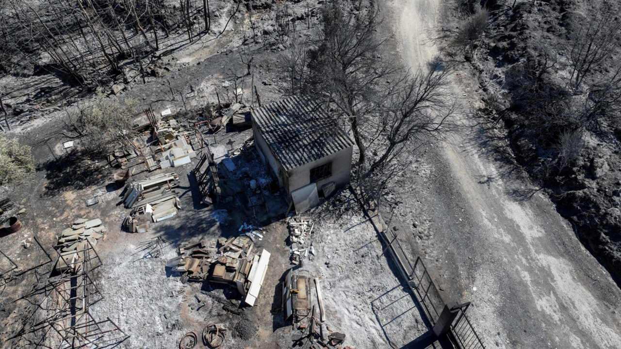 Drone shot of burnt woodland and a burnt building 