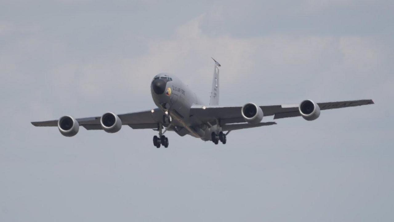 A large tanker aircraft leaves RAF Mildenhall.