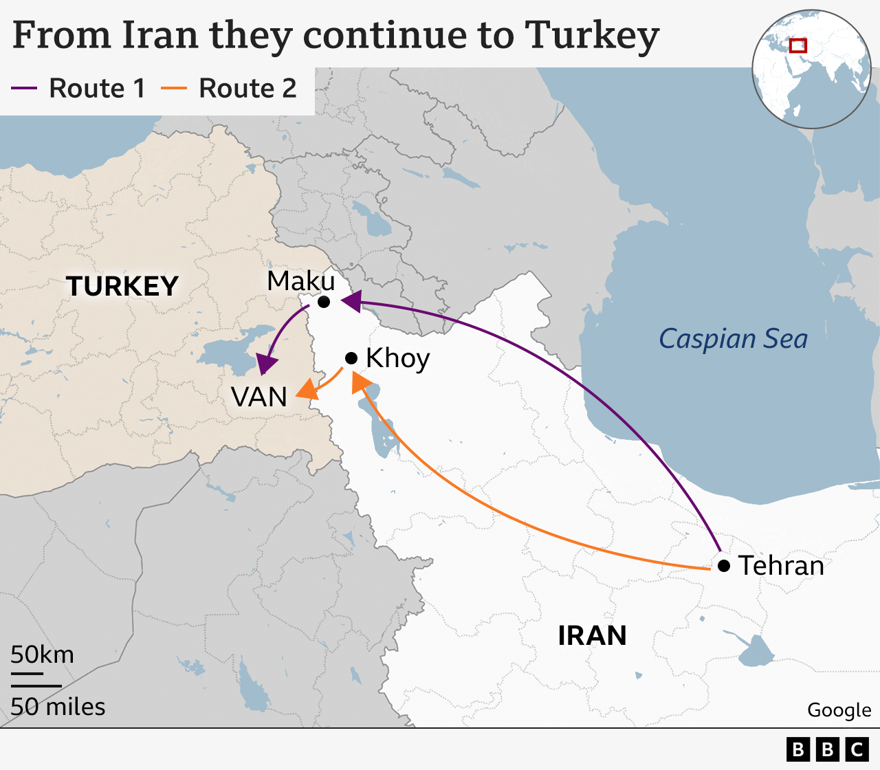 Map showing migrant routes from Iran to Turkey