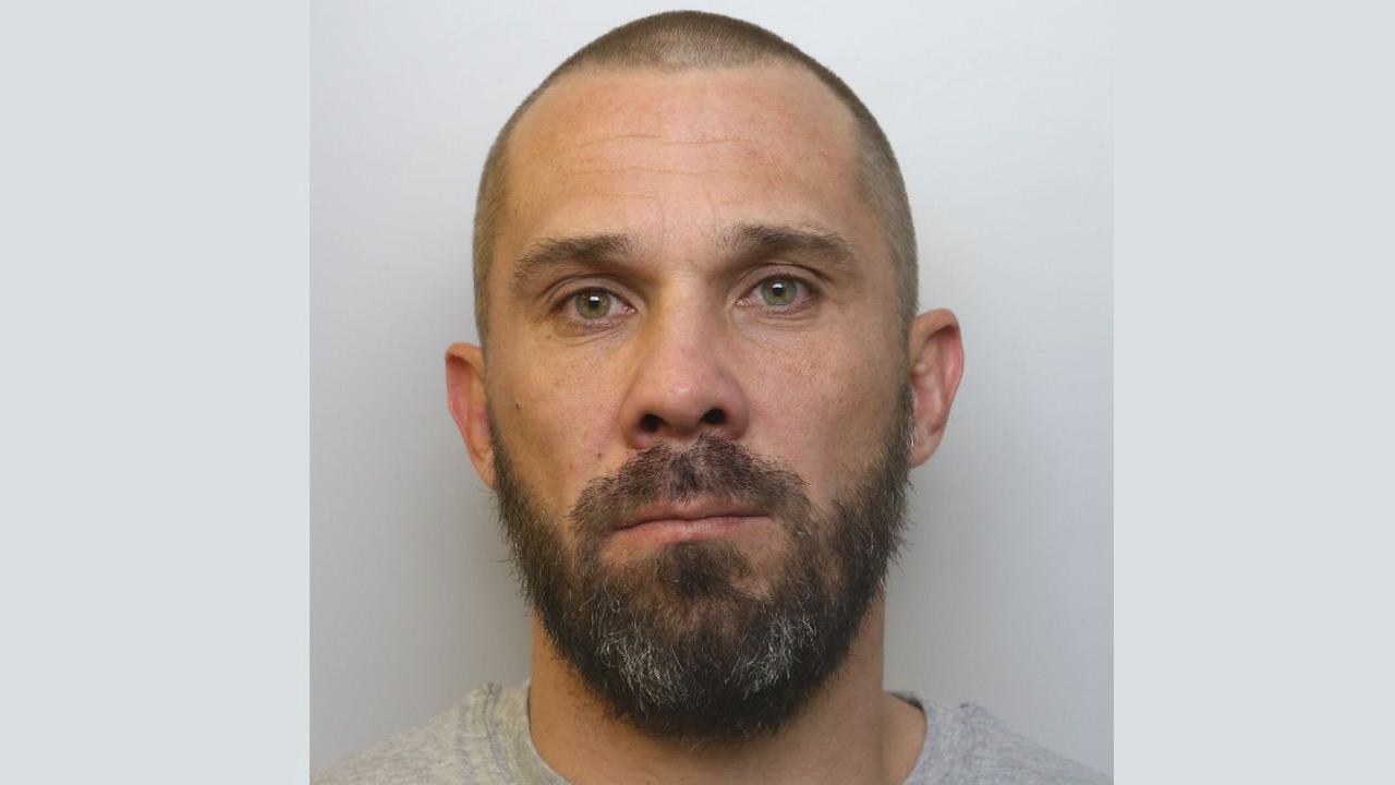 A police mugshot of David Garland. He is wearing a grey t-shirt and standing against a grey background. He has green eyes, a full dark beard and a shaven head. He is looking into the camera with a blank expression. 