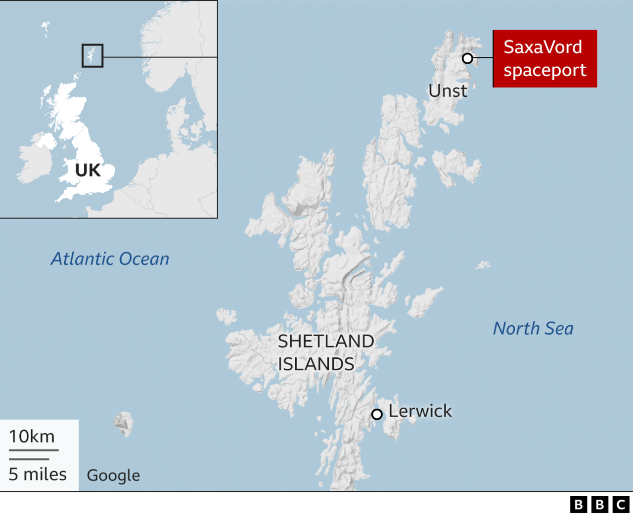 Map showing SaxaVord Spaceport in Unst one of the Shetland islands.  It's location on a map of the UK is also highlighted