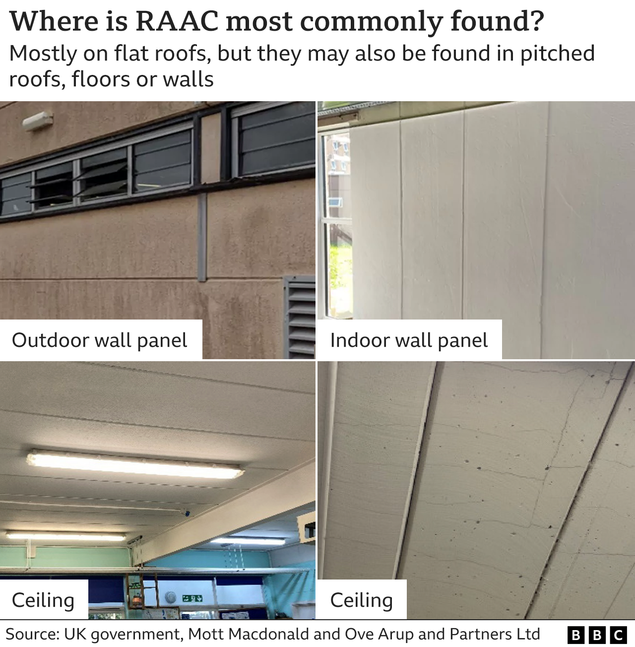 A graphic showing RAAC in use on outdoor walls, and ceilings.