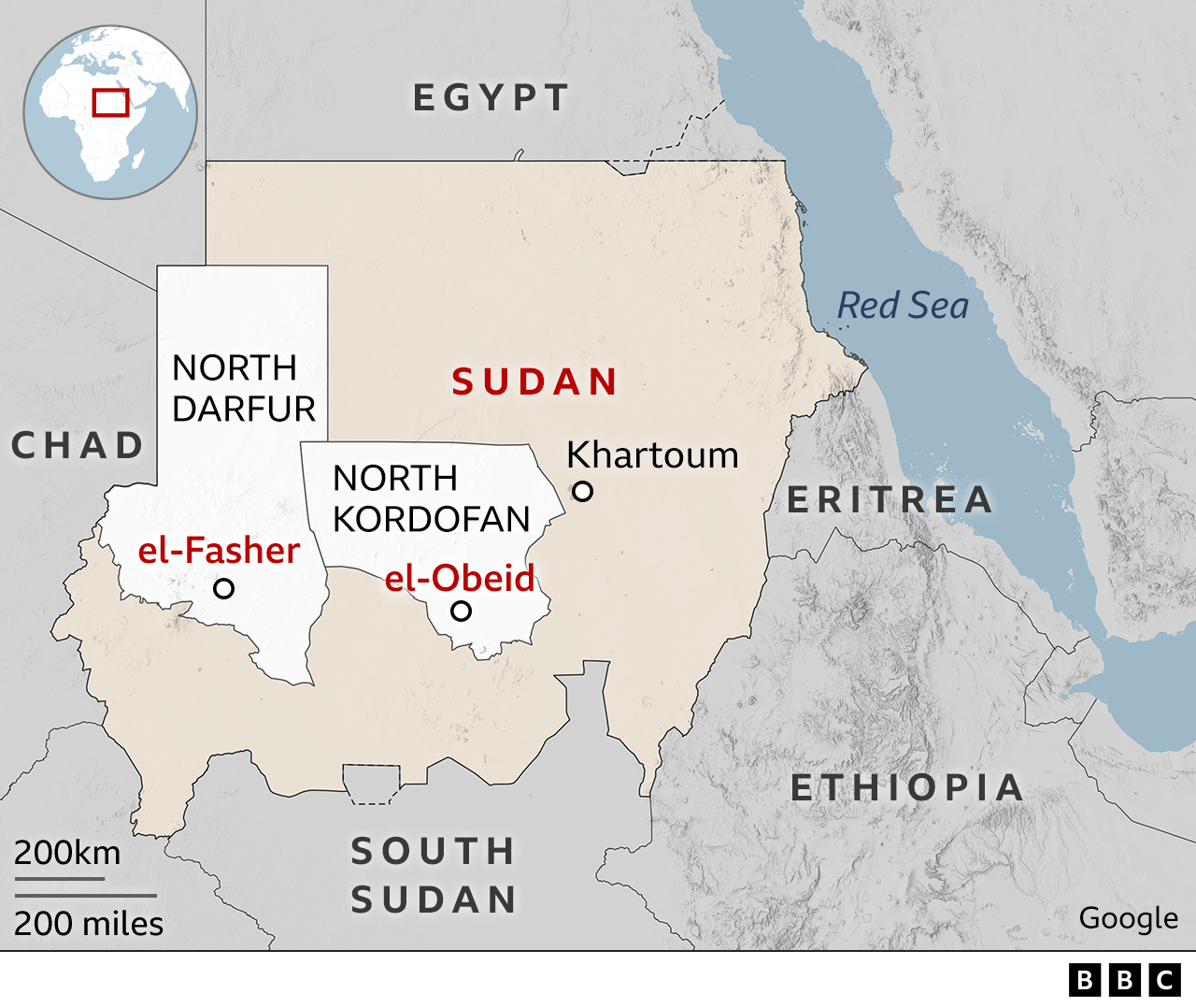 A map showing where el-Fasher, el-Obeid, Khartoum, North Darfur and North Kordofan are in relation to each other