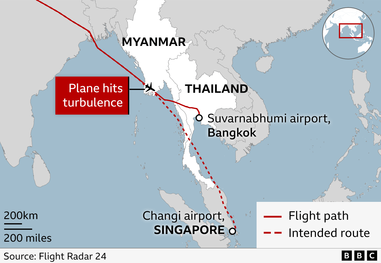 Graphic from Flight Radar 24 showing the path of the Singapore Airlines plane from London Heathrow to Singapore which experienced severe turbulence and diverted to Bangkok