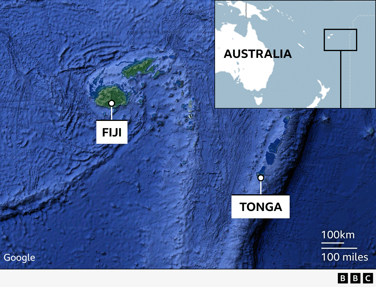 The location of Fiji and Tonga