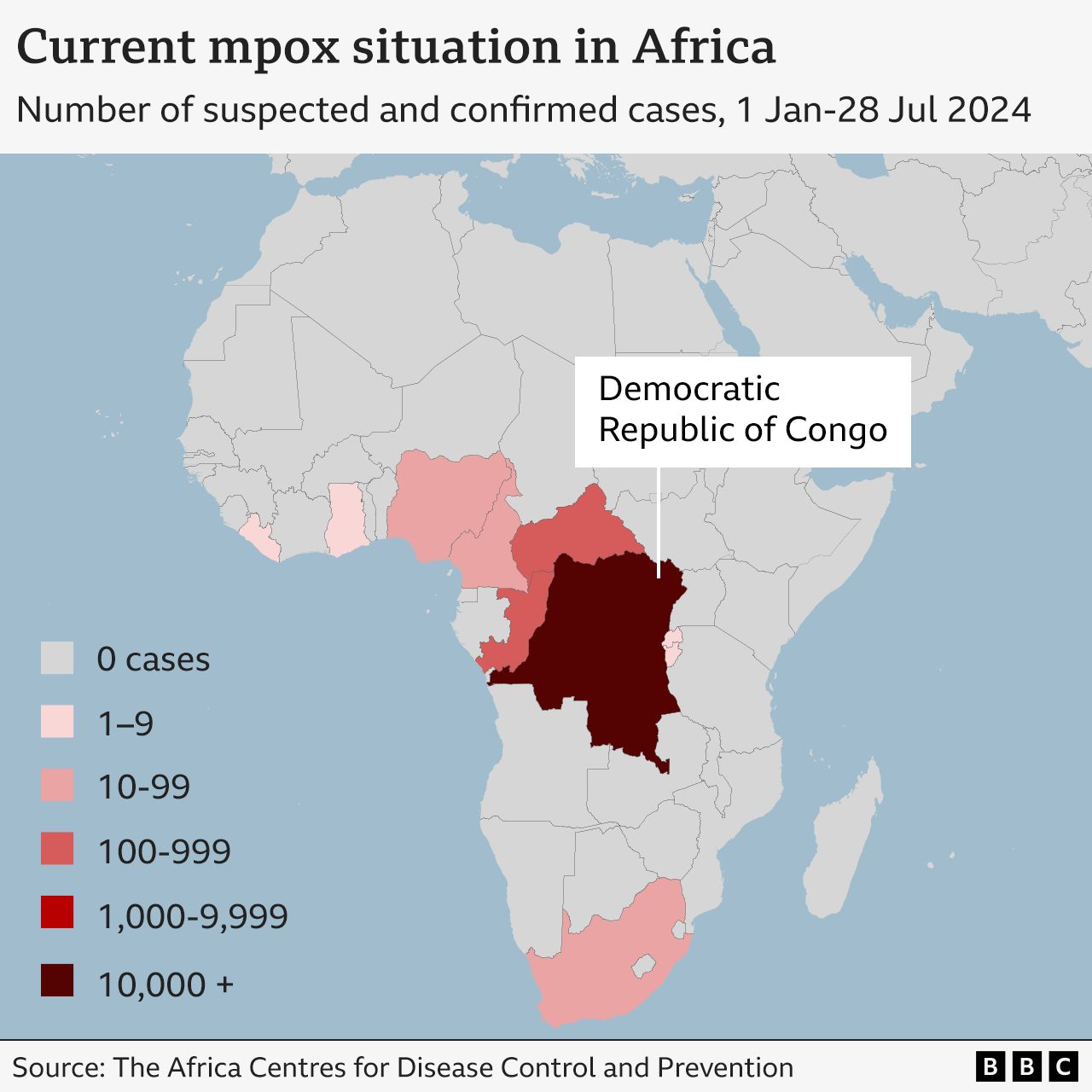 Map showing the spread of mpox across Africa between January and July 2024. The country with the highest number of cases is the Democratic Republic of Congo (DRC), followed by the Central African Republic and the Republic of the Congo.