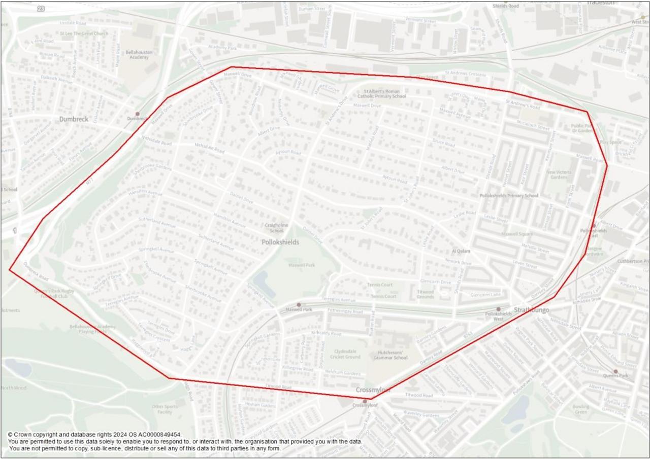 Map showing Pollokshields with a red circle around the area, showing the boundary of the FCZ