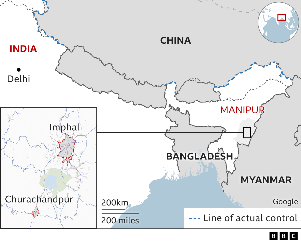 A map shows the location of the city of Imphal and the area of Churachandpur in Manipur