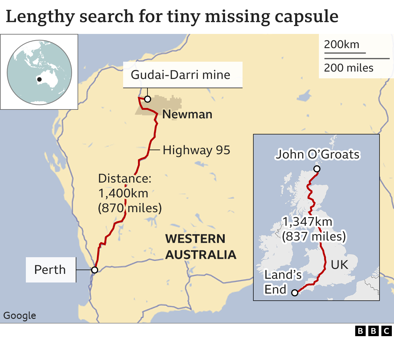 Map showing road route between Perth and Newton is further than Land's End to John O'Groats