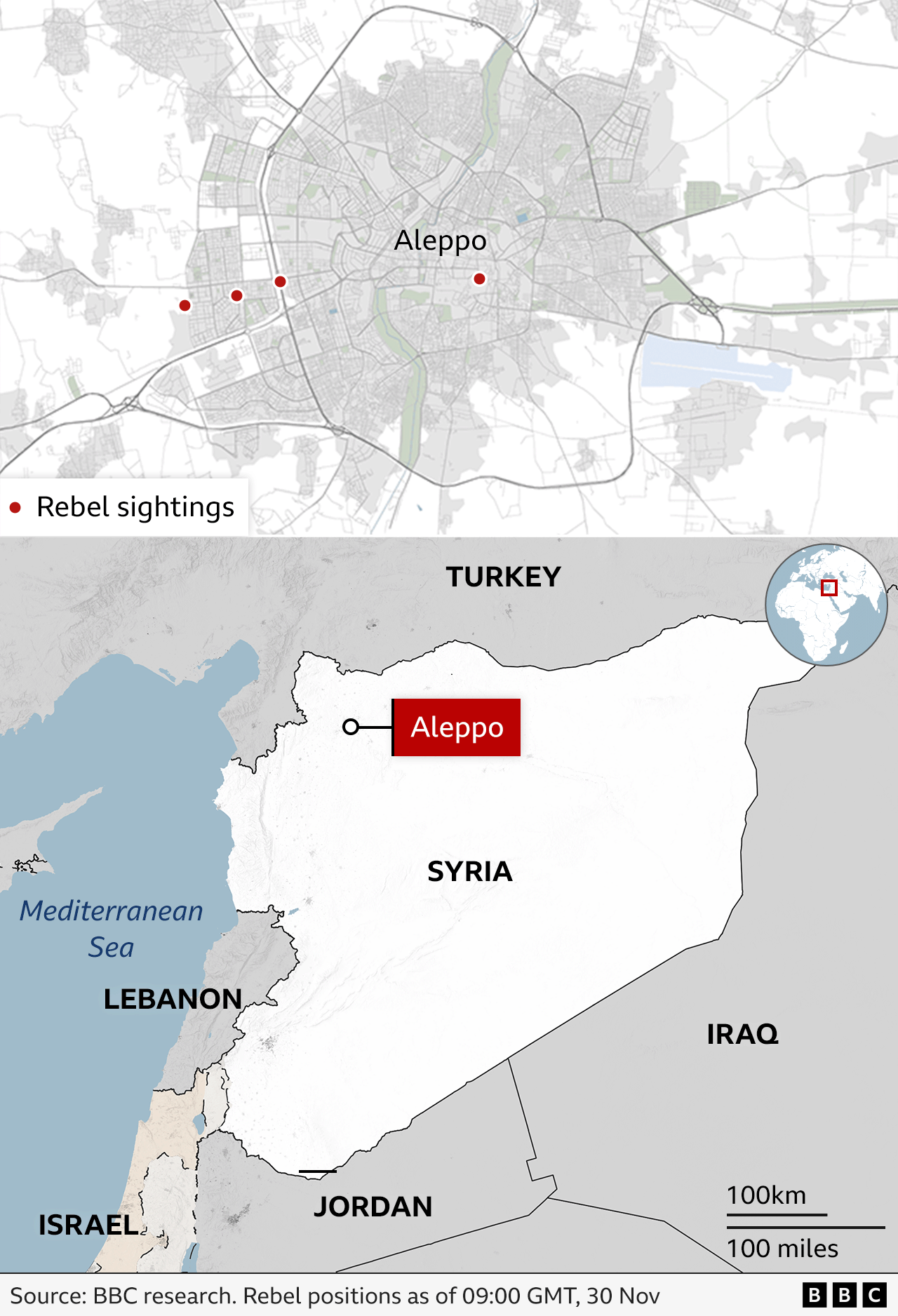 Map of Syria showing the location of Aleppo in the north of the country, near the border with Turkey.