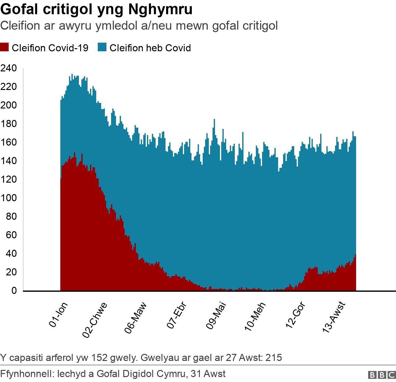 Graff i ddangos cyfraddau gofal critigol yng Nghymru