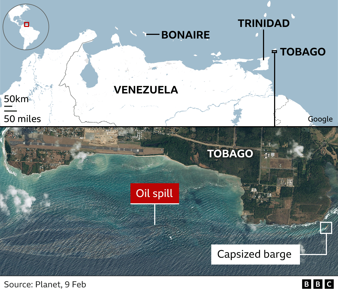 Infograph showing oil spill off Trinidad and Tobago