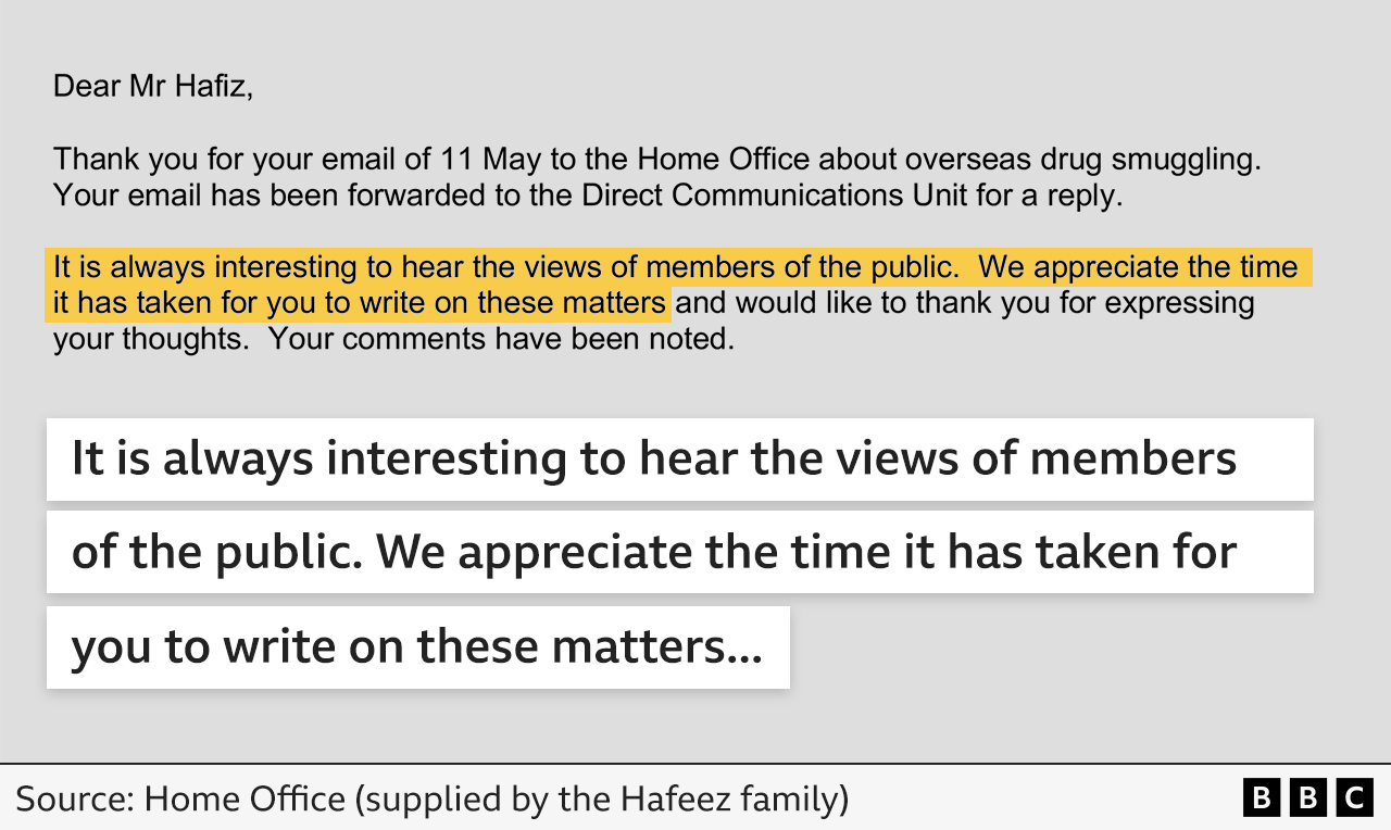 An extract from a letter to Hafeez from the UK Home Office which reads "it is always interesting to hear the views of members of the public. We appreciate the time it has taken for you to write on these matters..."